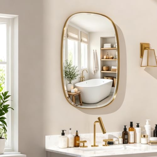 Best Decorative Wall Mirrors: Frameless vs Framed 80 POZINO 30"x20" Brushed Gold Oblong Beveled Bathroom Mirror for Ov...