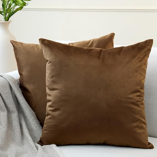 Image of Encasa XO Velvet Throw Pillow Covers 16x16 in (40x40 cm) - Brown - No Inserts, Pack of 2 Cases | Solid Plain Dyed Soft & Smooth, Square Decorative Cushion Covers for Living & Bedroom