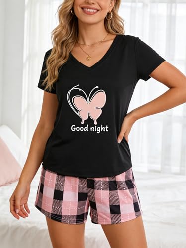 Image of VENTELAN Pajama Set For Women Cute PJS Summer Short Sleeve Shorts Sleepwear