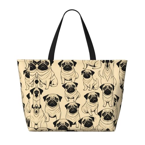 Cute Pug Dog Print Large Waterproof Beach Bag For Women With Zipper And Pockets For Travel Vacation2