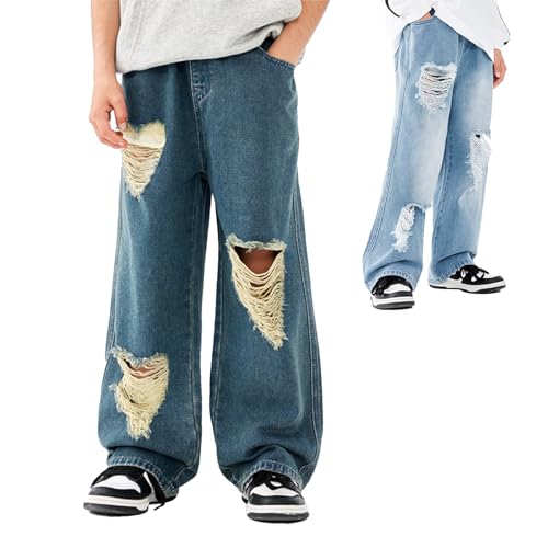Baggy Jeans Kids Ripped Heart Loose Fit Wide Leg Jeans Skater Streetwear Baggy Pants Boys Distressed with Holes Washed