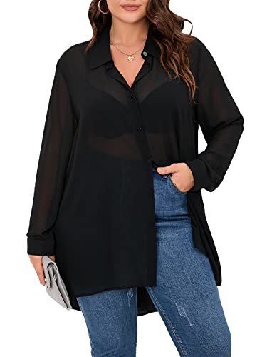 MakeMeChic Women's Plus Size Chiffon Button Down Blouse Long Sleeve High Low Button Up Shirt