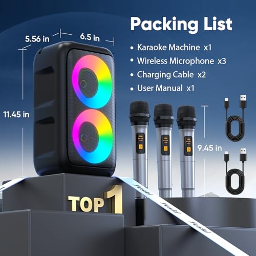 Karaoke Machine for Adults Kids, Portable Bluetooth Speaker with 3 Wireless Microphones, TWS Mode & LED Light, 10H Battery PA System, Home Party Outdoor Camping Birthday Gifts (3 Mics)