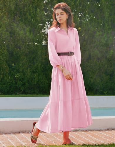 Image of Women Button Down Maxi Shirt Dress Long Sleeve Flowy Tiered Collared Dresses with Pockets