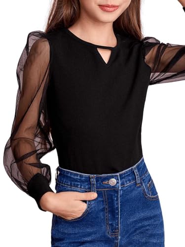 WDIRARA Girl's Cut Out Round Neck Mesh Puff Long Sleeve Blouse Casual Top4
