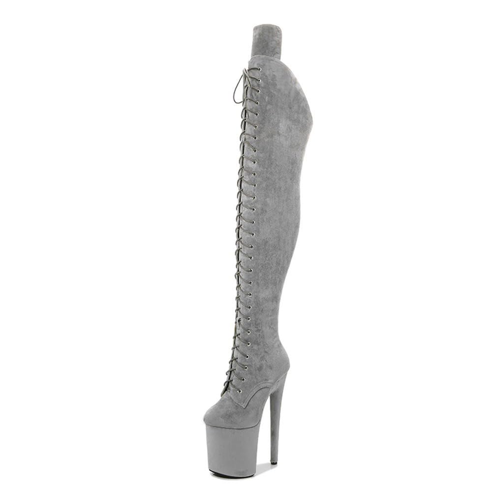 denova's Damen Wildleder/Lack 20,1 cm sehr hoher Absatz Plateau Pole Dance Overknee Oberschenkelhohe Stiefel mit Reißverschluss, GRAU, 38.5 EU
