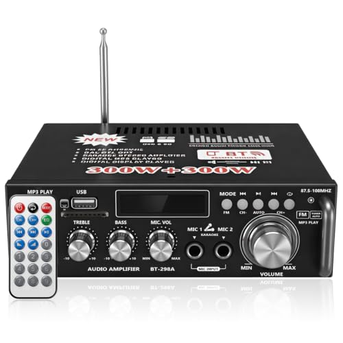 Image of FABTEC 2-Channel Karaoke Home Amplifier with Bluetooth 5.0, 300W + 300W High Power Output, USB /FM Playback, Dual Microphone Inputs, Bass & Treble Adjustment, Remote Control Included