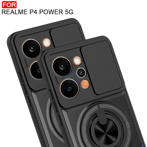 Image of AESTMO Realme P4 Power 5G Back Cover | Armor Camera Slider 360 Degree Rotating Finger Ring Holder Case with Bracket Stand & Camera Protection Back Case Cover for Realme P4 Power 5G (Black)