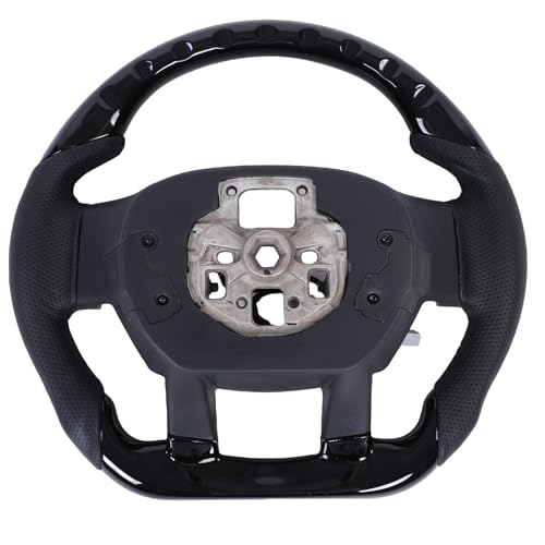 OVAQUIXI Hydro Dip Volante, Cuero Perforado Negro Brillante Calefaccionado Reemplazo para 2017-2020, Diseño de Carreras Fondo Plano