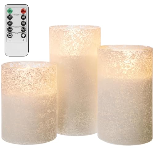 Image of White Glass Flameless Candles Remote Timer Wedding Decor Set of 3 | White Sandblasted Glass, Warm White LED Glow, Real Wax, 10 Key Remote, 2 4 6 8 Hour Timer, 3 Sizes