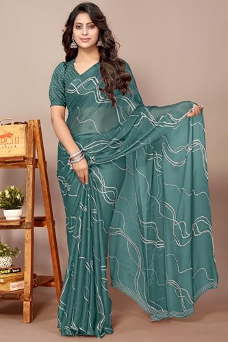 Image of MIRCHI FASHION Saree for Woman Chiffon Georgette Geometric Printed | Lightweight Farewell and Women's Office Sari with Blouse Piece
