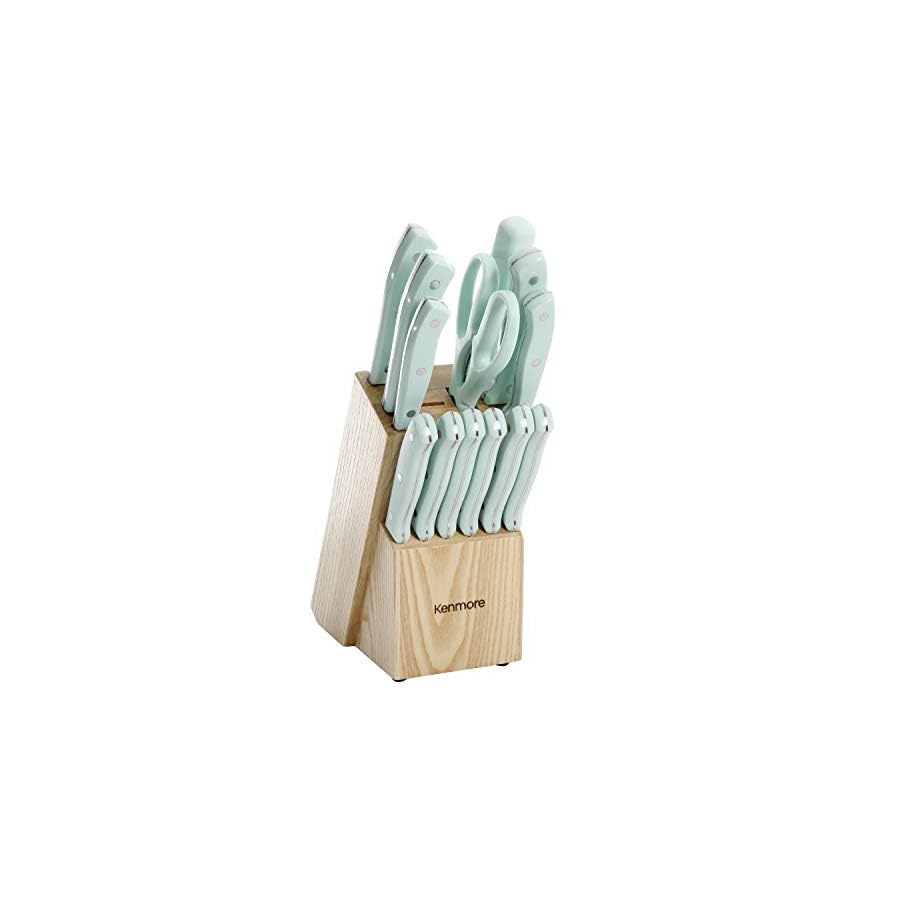 Kenmore Kane Stainless Steel Forged Triple Riveted Cutlery Knife Block Set, 14-Piece, Glacier Blue
