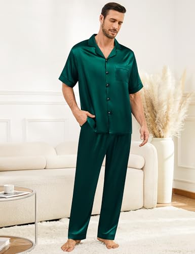 Image of SWOMOG Mens Silk Pajamas Set Satin Pj Set Short Sleeve Sleepwear Button Down Lounge Set with Drawstring & Pockets S-3XL