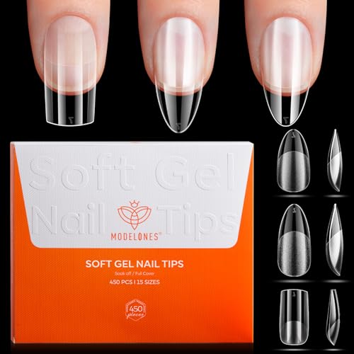 Modelones Nail Tips 450 Stück- Full Cover Nageltips Set, Soft Gel Tips Set, Pre-Buff PMMA Harz Nagelspitzen, Künstliche Nägel Zum Aufkleben Nail Art DIY,15 Size,Medium Mandel-Kurz Mandel-Kurz Quadrat
