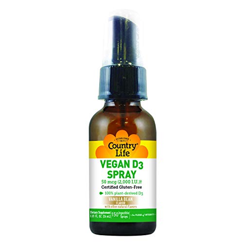 Country Life Vegan Vitamin D3 Spray - 2000 IU - Vanilla Bean - Deficiency - Immune Health - Healthy Teeth and Bones - Great Tasting - Convenient - Great for on The Go