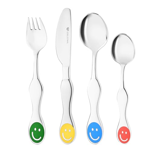 GRÄWE Kinderbesteck Set Smile, 4-teilig, Edelstahl, poliert, spülmaschinengeeignet, für Jungen und Mädchen, bunte Gesichtern, ab 3 Jahren, Geschenk zur Taufe, Geburt, Geburtstag