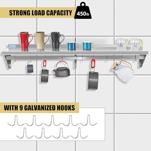 Image of Hally Stainless Steel Shelf with 8 Hooks 14 inch x 72 inch Wall Mounted Pot Rack 400lb, NSF Commercial Floating Shelving for Storage Hanging Pots, Pans, cookware in Restaurant, Kitchen, Home and Hotel