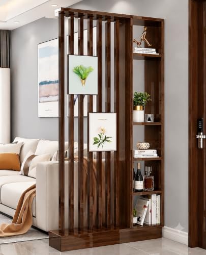 Image of Modern Wooden Room Divider with Storage Shelves | Partition for Living Room & Entryway | Decorative Display Rack with Vertical Slats ((96 x 48 x 6 Brown))