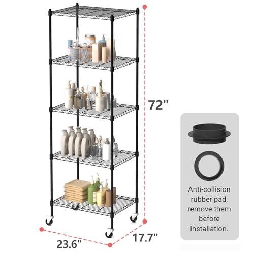 Image of 5 Tier Storage Shelves with Wheels, Heavy Duty Metal Garage Shelving Unit and Adjustable Feet, 865lb High Capacity Rolling Storage Shelf for Kitchen, Office, Dining Room (23.6 inchx 17.7 inchx 72 inch), Black