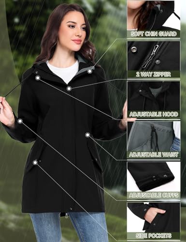 Yuson Girl Softshelljacke Damen Regenjacke Wasserdicht Windbreaker Gefütterte Softshellmantel Übergangsjacke Leicht Atmungsaktiv Wanderjacke Fleece Outdoorjacke Regenmantel mit Kapuze(Schwarz, L)