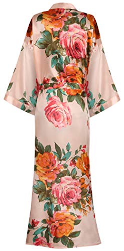 Image of goodmansam Women's Long Floral Satin Kimono Robes Bridal Dressing Gown Wedding Bridesmaid Nightgown