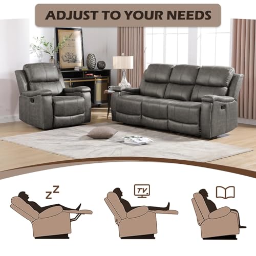 Image of CANMOV Faux Leather Manual Reclining Sofa Furniture Set, 2 Manual Recliner Chair and 3 Seat Recliner Sofa Couch Set for Living Room,Gray