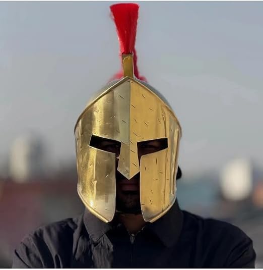 Helmet Gold Armour Helmet with Red Plume for Men Greek Soldier, Roman Gladiator & Medieval Knight Cosplay Fancy Dress & LARP Costume Accessory