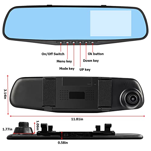 Mirror Dash Cam for Car, 4.3" Backup Smart Rearview Mirror Camera, Waterproof HD 1080P Front and Rear Wide Angle, Support Dual Cameras, Night Vision, Parking Assistance & Loop Record - Image 3