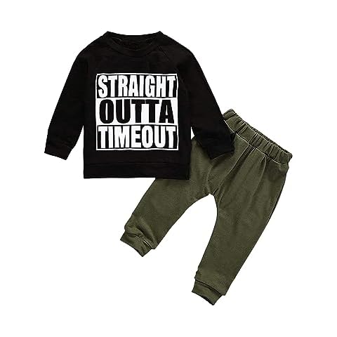 TUEMOS Toddler Boy Clothes Straight Outta Time Out Letter Sweatshirt Top + Camouflage Pants Outfit Set Cover