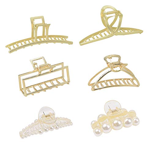 LYDZTION 6Pcs Hair Claw Clips Set,4Pcs Metal Hair Claw Clips and 2Pcs Pearl Claw Hair Clips,Hollow Geometric Hair Clip Hairpins for Women and Ladies Non Slip Hair Clip Jaw Clips Headwear Styling Tools