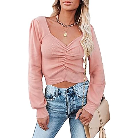 Frolitre Long Sleeve Cropped Sweater for Women Lightweight Chic V Neck Knit Ruched Tops Ribbed Off Shoulder Crop Pullover Pink Cover
