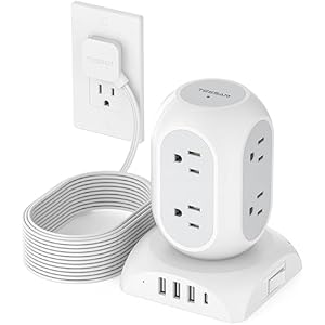 TESSAN Surge Protector Power Strip Tower, Flat Plug Extension Cord 10 Ft with 8 AC Multiple Outlets 4 USB Ports (1 USB C), 1050J Protection Desk Charging Station for Home, Office, Dorm Room,