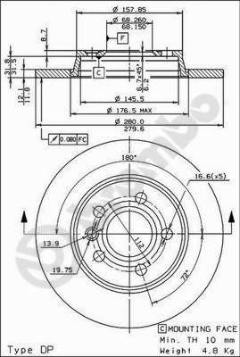 BREMBO 08.7288.14, 2 szt Tarcze Hamulcowe tył 280mm