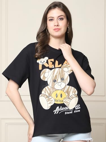 Image of Preneum Women's Cotton Cool Graphic Printed Baggy Fit Drop-Shoulder Sleeves Cotton Oversized T-Shirt