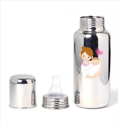 Image of Stainless Steel Feeding Bottle 304 Grade Steel with Anti Colic Silicone Nipples - 250 ml (Silver) /Ideal for Newborns and Toddlers (Pack of 1) Mom & Baby Theme