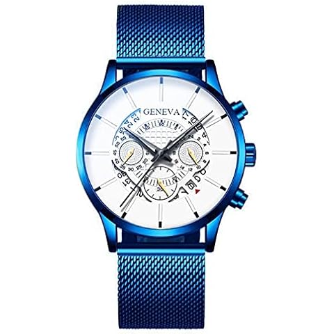 zchao Men's Fashion Watch Blue Stainless Steel Mesh Band Quartz Watch BlueWhite Cover