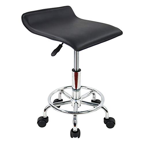 KKTONER Square Height Adjustable Rolling Stool with Foot Rest PU Leather Seat Cushion
