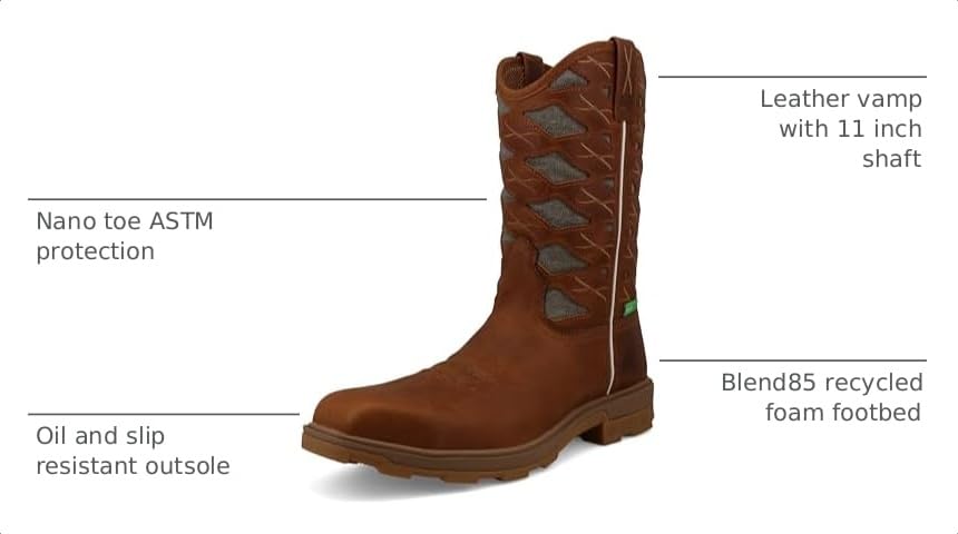 Image of Twisted X Men's 11 inch UltraLite X Work Boot, Square Toe Nano Toe with UltraLite X, Cinnamon & Eco Dust, 10 D