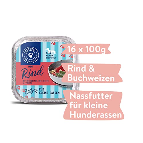Pets Deli Mini Hunde Nassfutter Rind & Buchweizen für kleine, wählerische Rassen, leicht verdaulich, getreidefrei, ohne Zucker, 16x100 g, Premium Qualität