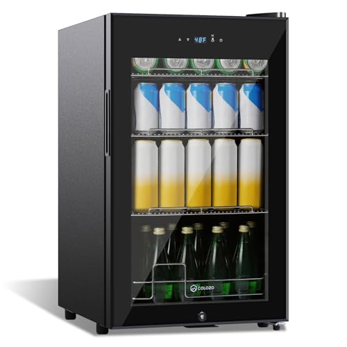 Image of 17 Inch Black Beverage Refrigerator Cooler, 96 Cans Mini Fridge with Glass Door&Lock, Beer Fridge for Soda Water or Wine, Drink Refrigerator for Home Office Bar Bedroom