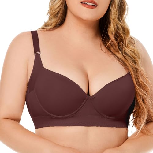 TESOON Women Bra Plus Size Seamless Breathable Deep V Soft Comfort Supportive Wireless Bras Stretch Push-up Brown 50C