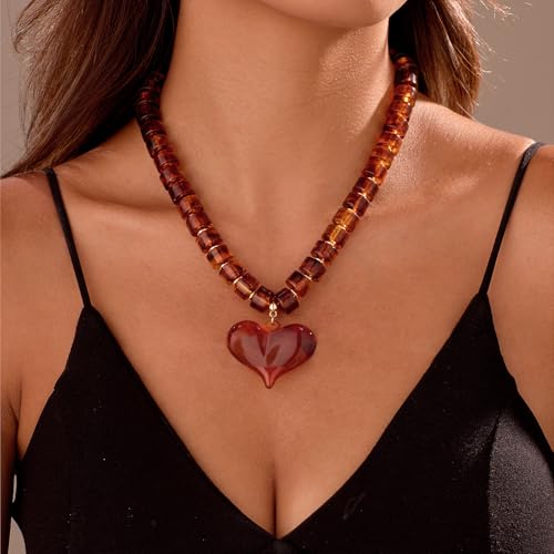 YUJIE Chunky Heart Penadnt Necklace for Women- Exaggerated Statement Puff Heart Necklace with Acrylic Beaded Chain2