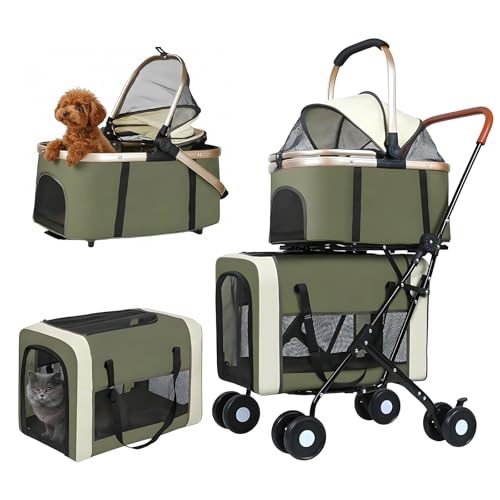 Beuway Double Pet Stroller for Dogs and Cats One-Step Folding Dog Stroller Travel Carriage for Small Medium Dogs Cats 2 Detachable Carrier Bags 4 Lockable Wheels (Army Green)