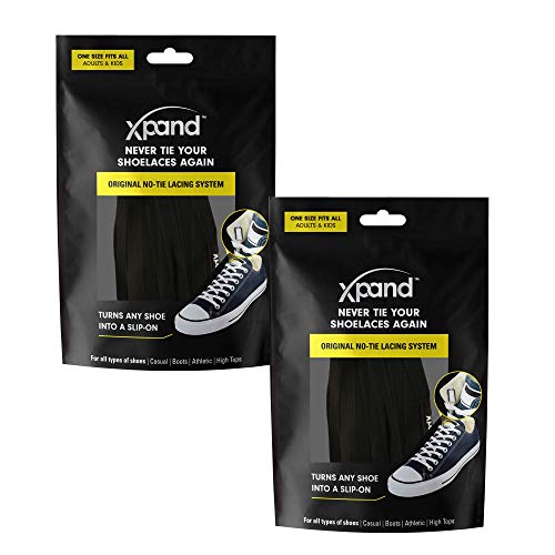Xpand No Tie Shoelaces System Adult and Kids Shoes with Elastic Laces, One Size Fits All, Black, Pack of 2