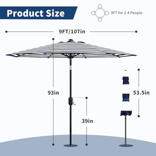 Patio Umbrella 9ft, Table Umbrella Outdoor Patio UV Protection with Crank Lift & Push Button Tilt, 8 Sturdy Ribs for Yard, Deck, Pool - Blue & White Stripe
