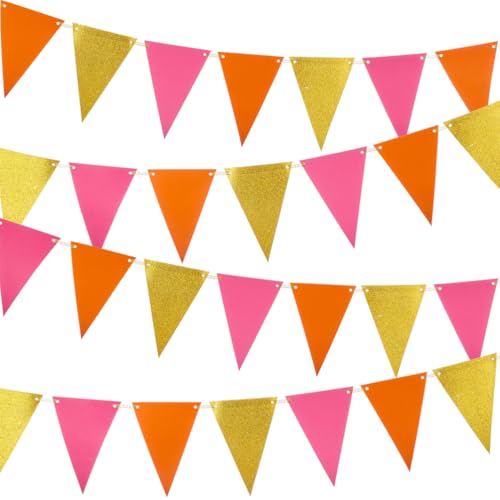 Image of MOWO Hot Pink Orange and Gold Pennant Banner Paper Bunting, 30pc, 20 feet | Hanging Decoration, Graduation Birthday Autumn Fall Groovy Theme Party, new year valentines day party decoration