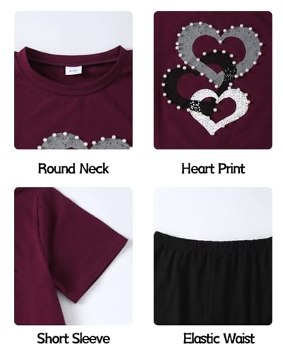 Image of 9-16Y Tween Girl Clothes 2 Piece Short Sleeve Heart Print Top and Shorts Teen Girl Summer Outfits Short Set