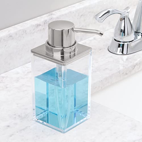 mDesign Rectangle Plastic Refillable Liquid Soap Dispenser Pump Bottle for Bathroom Vanity, Countertop, Sink - Hold Hand Soap/Sanitizer, Essential Oils, Lumiere Collection, 2 Pack, Cear/Brushed Chrome3