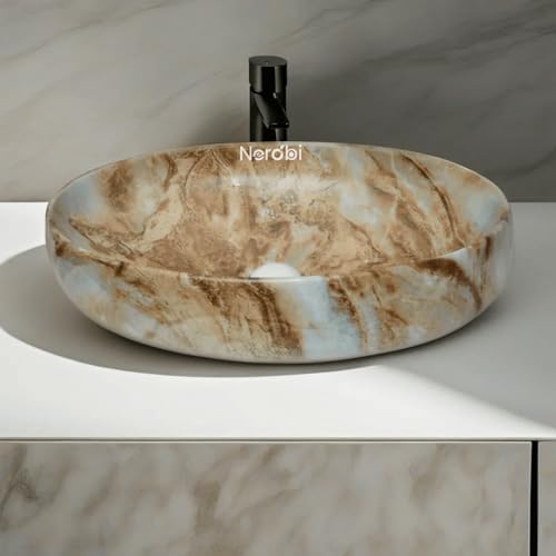 Image of Designer Counter Top Wash Basin | Tabletop Ceramic Bathroom Sink | Wash Basin Over Counter | Wash Basin For Bathroom, Living Room (24 x 15 x 6 Inch) (Glossy Brown N White)