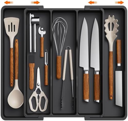 Spaclear Large Expandable Utensil Drawer Organizer - Adjustable Kitchen Silverware Tray, Grey Plastic - View #9